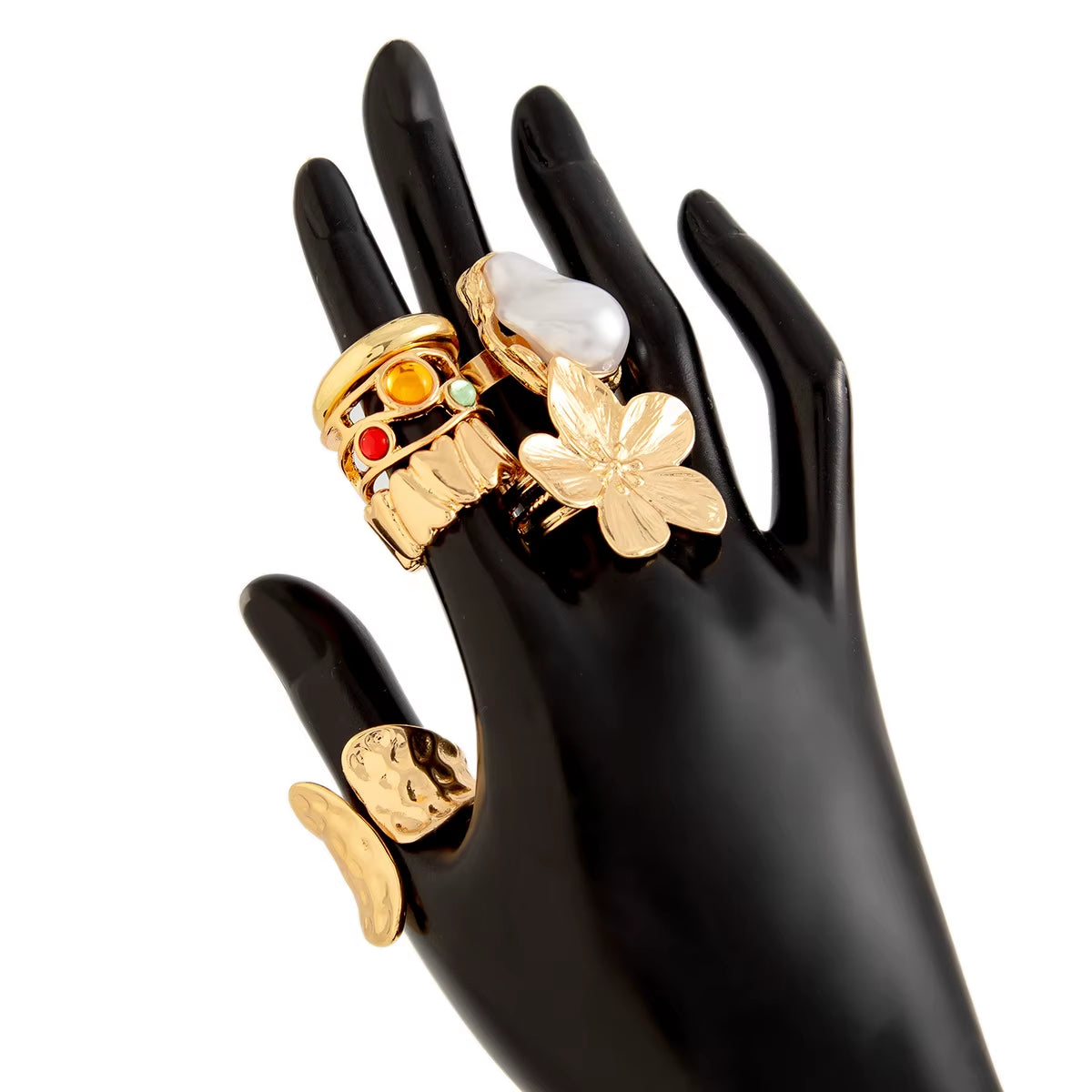 6Pcs Punk Exaggerated Metal Finger Rings Set for Women Men Vintage Flower Pearl Crystal Europe America Open Rings Luxury Jewelry