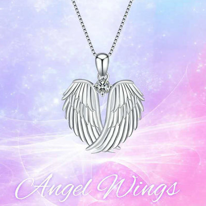 Women Angel Wings Necklace (Silver Guardian Angel Wings Pendant Birthstone Necklace)