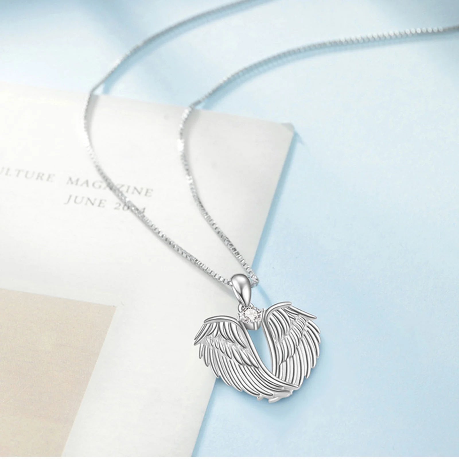 Women Angel Wings Necklace (Silver Guardian Angel Wings Pendant Birthstone Necklace)