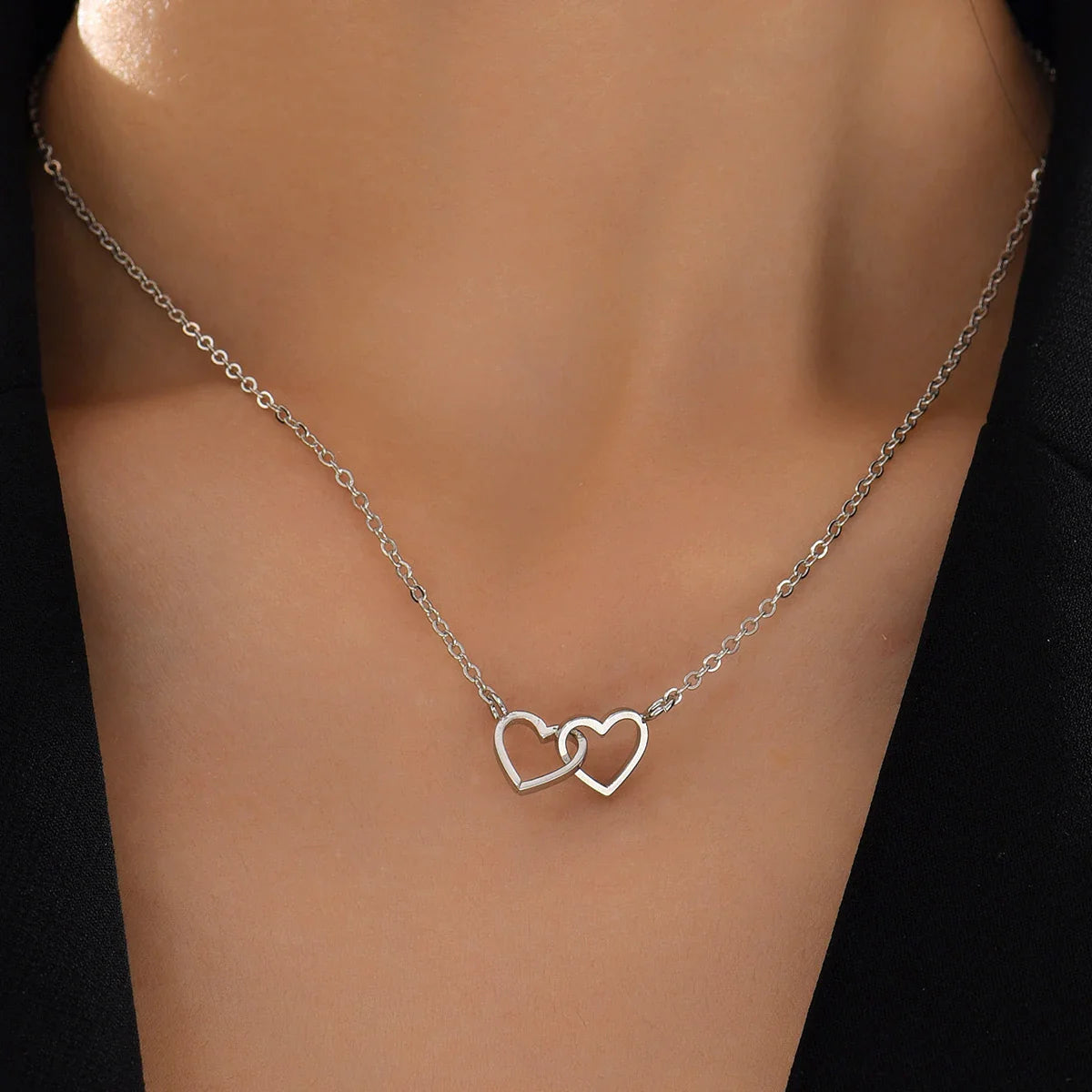 Tiny Cute Double Hollow Heart Chain Necklace 