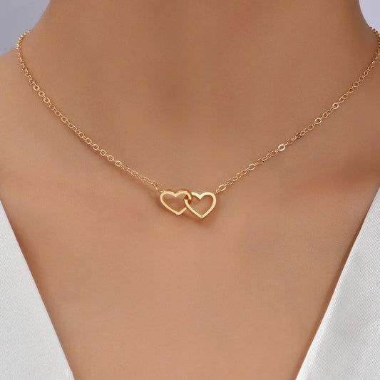 Tiny Cute Double Hollow Heart Chain Necklace 