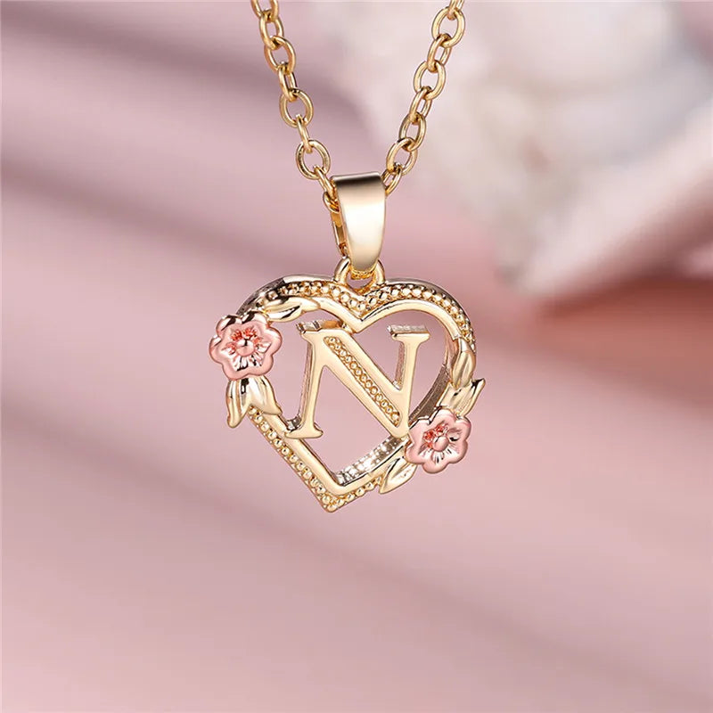 Female A-Z Letter Flower Pendant Necklace Yellow Gold Color Wedding Jewelry Gift for Women