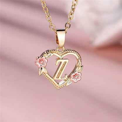 Female A-Z Letter Flower Pendant Necklace Yellow Gold Color Wedding Jewelry Gift for Women