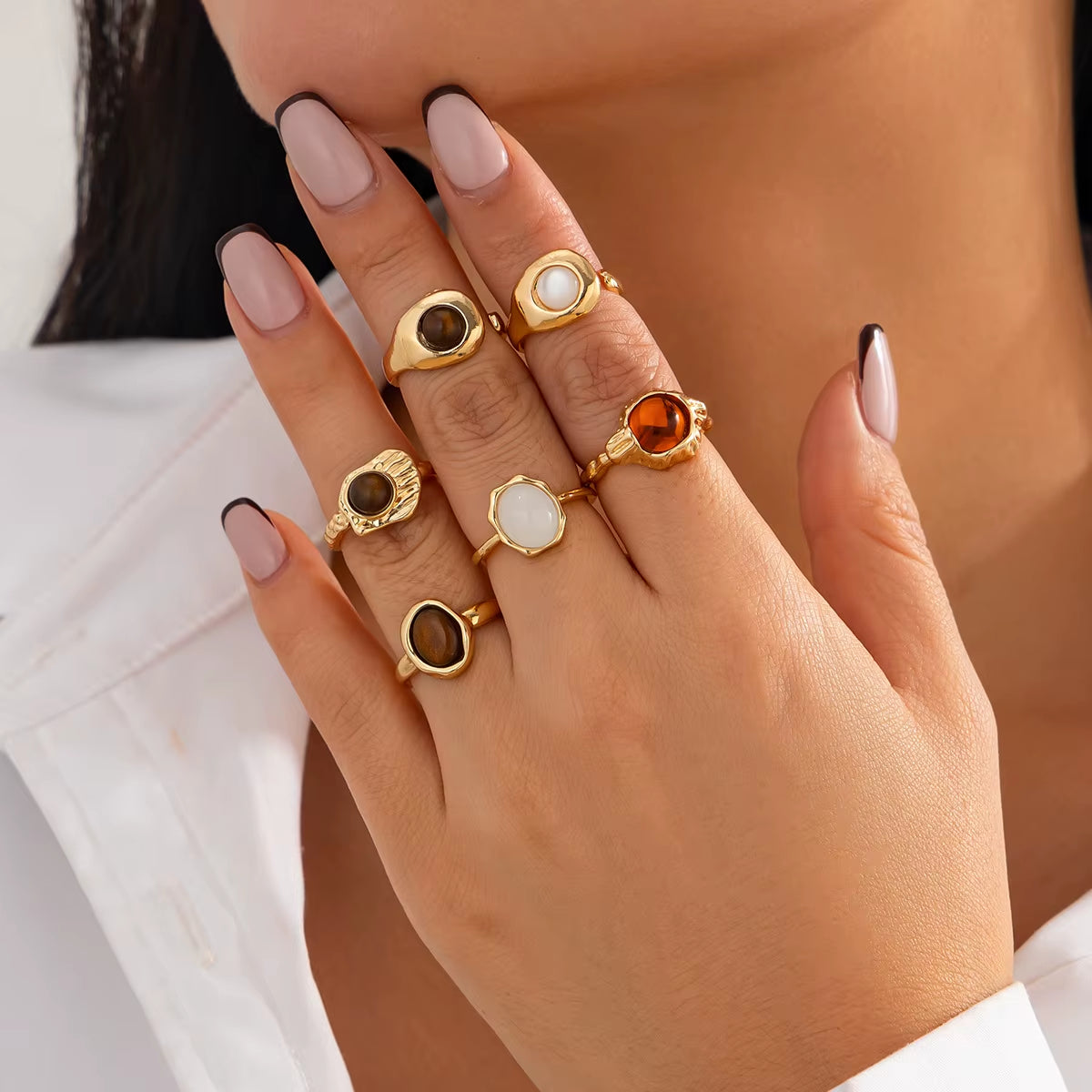 6Pcs Punk Exaggerated Metal Finger Rings Set for Women Men Vintage Flower Pearl Crystal Europe America Open Rings Luxury Jewelry